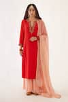 Shop_Nikasha_Coral 100% Viscose Crepe Embroidery Dabka Notched Kurta Set With Dupatta _Online_at_Aza_Fashions