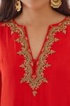 Nikasha_Coral 100% Viscose Crepe Embroidery Dabka Notched Kurta Set With Dupatta _at_Aza_Fashions