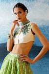 Rajdeep Ranawat_Green Jacket- Duchess Satin Leela Abstract Print Lehenga And Jacket Set_at_Aza_Fashions