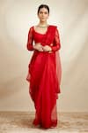 Buy_Astha Narang_Red Organza Thread Scoop Neck Border Embroidered Saree With Blouse _at_Aza_Fashions