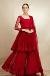 Buy_Astha Narang_Red Net Embroidery Thread Scoop Neck Peplum Kurta Sharara Set For Women_at_Aza_Fashions