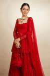 Astha Narang_Red Net Embroidery Thread Scoop Neck Peplum Kurta Sharara Set For Women_at_Aza_Fashions