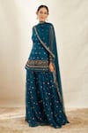 Buy Blue Organza Embroidery Sequin And Cutdana Round Kurta Sharara Set ...