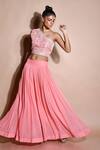 Shop_Aksh_Peach Georgette Embroidery Floral One Shoulder Crop Top And Skirt Set _at_Aza_Fashions