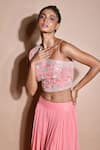 Aksh_Peach Georgette Embroidery Floral One Shoulder Crop Top And Skirt Set _Online_at_Aza_Fashions