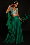 Buy_Aksh_Green Bamber Silk Embroidery Floral V Neck Lehenga Set With Ruffle Dupatta _at_Aza_Fashions