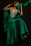 Shop_Aksh_Green Bamber Silk Embroidery Floral V Neck Lehenga Set With Ruffle Dupatta _at_Aza_Fashions