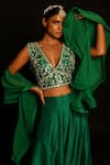 Buy_Aksh_Green Bamber Silk Embroidery Floral V Neck Lehenga Set With Ruffle Dupatta _Online_at_Aza_Fashions