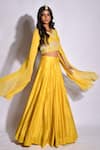 Shop_Aksh_Yellow Chanderi Embroidery Floral Leaf Neck Crop Top And Skirt Set _at_Aza_Fashions