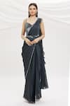Shop_Kresha Lulla_Grey Satin Embroidery Tubes V Neck Pre-draped Ruffle Saree With Blouse_at_Aza_Fashions