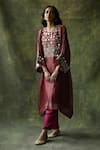 Buy_Begum_Red Kurta Zari Silk Embroidery Mirror Work Round Sahiba Kaftan And Pant Set _Online_at_Aza_Fashions