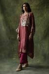 Buy_Begum_Red Kurta Zari Silk Embroidery Mirror Work Round Sahiba Kaftan And Pant Set _at_Aza_Fashions