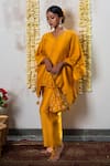 Buy_The Right Cut_Yellow Chanderi Silk Embroidered V Neck Marigold Kaftan And Pant Set _at_Aza_Fashions