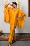 The Right Cut_Yellow Chanderi Silk Embroidered V Neck Marigold Kaftan And Pant Set _Online_at_Aza_Fashions