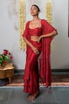 The Right Cut_Red Chanderi Silk Embroidery Sequin Top Sweetheart Neck Rosette With Pant Set _Online_at_Aza_Fashions