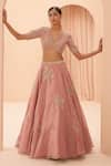 PARUL GANDHI_Pink Shimmer Organza Embroidery Floral V Neck Bridal Lehenga Set _Online_at_Aza_Fashions