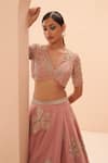 Shop_PARUL GANDHI_Pink Shimmer Organza Embroidery Floral V Neck Bridal Lehenga Set _Online_at_Aza_Fashions