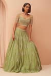 Buy_PARUL GANDHI_Green Organza Embellished Pearl Sweetheart Neck Lehenga Set _at_Aza_Fashions