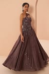 PARUL GANDHI_Wine Organza Embellished Stone Sweetheart Neck Shoulder Gown _Online_at_Aza_Fashions