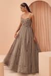 Buy_PARUL GANDHI_Brown Metallic Organza Embellished Japanese Cutdana Sweetheart Moonbeam Gown _at_Aza_Fashions