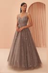 Buy_PARUL GANDHI_Grey Mesh Embroidery Floral V Neck Sequin Gown _at_Aza_Fashions