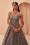 Buy_PARUL GANDHI_Grey Mesh Embroidery Floral V Neck Sequin Gown _Online_at_Aza_Fashions