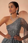 Shop_PARUL GANDHI_Blue Crushed Jacquard Embellished Stone Asymmetric Mirage Shoulder Gown _Online_at_Aza_Fashions