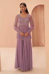 Buy_PARUL GANDHI_Purple Georgette Embroidery Floral Round Peplum Kurta And Sharara Set _at_Aza_Fashions