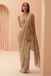 PARUL GANDHI_Gold Lycra Embellished Sequin Pleated Pre-draped Saree With Corset _Online_at_Aza_Fashions