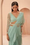 Buy_PARUL GANDHI_Green Georgette Embroidery Floral V Neck Ruffle Pre-draped Saree With Blouse _Online_at_Aza_Fashions