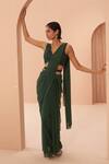 Buy_PARUL GANDHI_Green Lycra Embroidery Leaf V Neck Pre-draped Saree With Blouse _at_Aza_Fashions