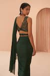 Shop_PARUL GANDHI_Green Lycra Embroidery Leaf V Neck Pre-draped Saree With Blouse _at_Aza_Fashions