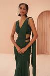 Buy_PARUL GANDHI_Green Lycra Embroidery Leaf V Neck Pre-draped Saree With Blouse _Online_at_Aza_Fashions