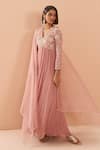 Shop_PARUL GANDHI_Pink Silk Embellished Pearl V Neck Pleated Anarkali With Dupatta _at_Aza_Fashions