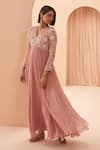 PARUL GANDHI_Pink Silk Embellished Pearl V Neck Pleated Anarkali With Dupatta _Online_at_Aza_Fashions