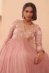 Shop_PARUL GANDHI_Pink Silk Embellished Pearl V Neck Pleated Anarkali With Dupatta _Online_at_Aza_Fashions