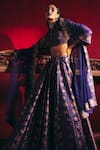 Shop_Ridhi Mehra_Blue Raw Silk And Net Floral Print & Fringe V Neck Ianthe Lehenga Set _at_Aza_Fashions