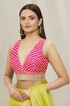 Buy_Samyukta Singhania_Pink Art Silk Leheriya Plunge V Neck Pattern Blouse _at_Aza_Fashions