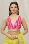 Samyukta Singhania_Pink Art Silk Leheriya Plunge V Neck Pattern Blouse _Online_at_Aza_Fashions