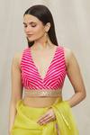 Buy_Samyukta Singhania_Pink Art Silk Leheriya Plunge V Neck Pattern Blouse _Online_at_Aza_Fashions