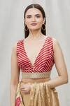 Buy_Samyukta Singhania_Red Art Silk Leheriya Plunge V Neck Pattern Blouse _Online_at_Aza_Fashions