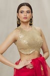 Buy_Samyukta Singhania_Gold Art Silk Embroidered Geometric Round Neck Blouse _at_Aza_Fashions