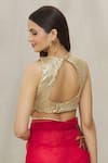 Shop_Samyukta Singhania_Gold Art Silk Embroidered Geometric Round Neck Blouse _at_Aza_Fashions