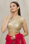 Buy_Samyukta Singhania_Gold Art Silk Embroidered Geometric Round Neck Blouse _Online_at_Aza_Fashions