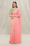 Anaya by Akruthi_Green Raw Silk Printed Floral Leaf Neck Saree With Blouse _Online_at_Aza_Fashions