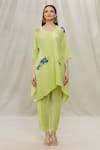 Buy_Anaya by Akruthi_Green Crimped Polyester Hand Painted Floral V Neck Kurta And Pant Set _Online_at_Aza_Fashions