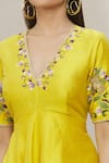 Shop_Anaya by Akruthi_Yellow Raw Silk Hand Painted Floral V Neck Kurta And Sharara Set _Online_at_Aza_Fashions