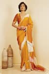 Buy_SAKSHAM & NEHARICKA_Yellow Tussar Silk Embroidered Abstract Patchwork Saree _at_Aza_Fashions