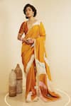Buy_SAKSHAM & NEHARICKA_Yellow Tussar Silk Embroidered Abstract Patchwork Saree _Online_at_Aza_Fashions