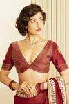 Buy_Saksham & Neharicka_Maroon Chanderi Dori Plunge V Neck Embroidered Blouse_at_Aza_Fashions